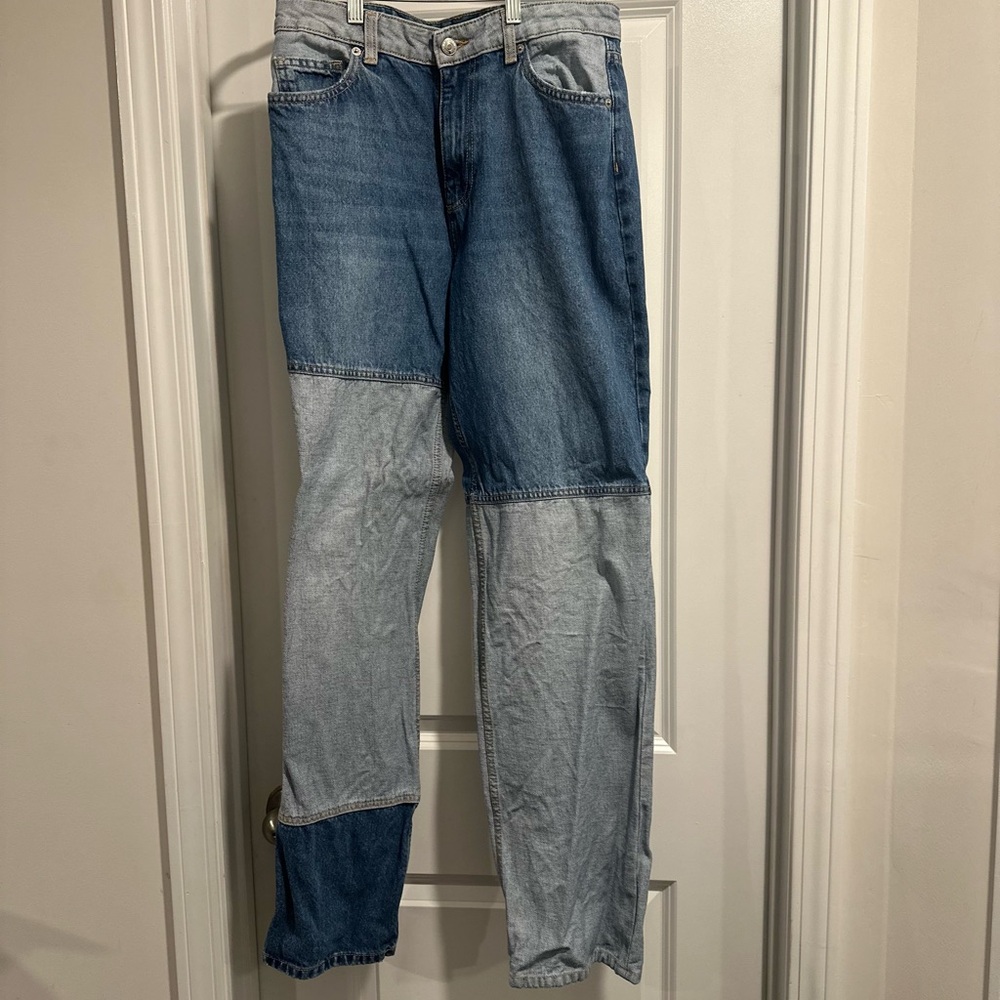 Patchwork Denim Jeans Color Block Straight Leg Trendy Casual